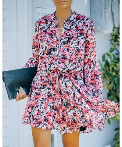 Women's Long Sleeves Button up Tie Waist Floral Chiffon Dress Flower Pink $27.72 Others