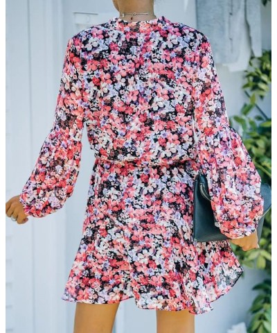 Women's Long Sleeves Button up Tie Waist Floral Chiffon Dress Flower Pink $27.72 Others