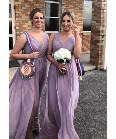 Long Chiffon Bridesmaid Dresses for Women V Neck Long Slit Pleated Formal Party Dress with Pockets ABC012 Dusty Pink $26.40 D...