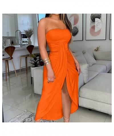 Plus Size Tube Top Maxi Dress for Women Beach Vacation Sexy Ruched Bodycon Dress High Slit Sundress Trendy Summer Dress 2023 ...