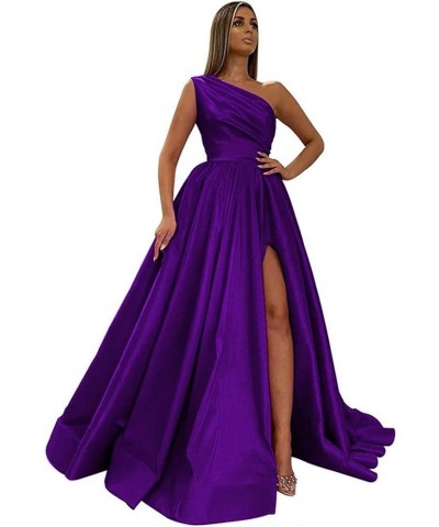 Women's One Shoulder Prom Dresses Long Satin Slit A Line Formal Evening Party Dress with Pockets Purple $43.34 Dresses