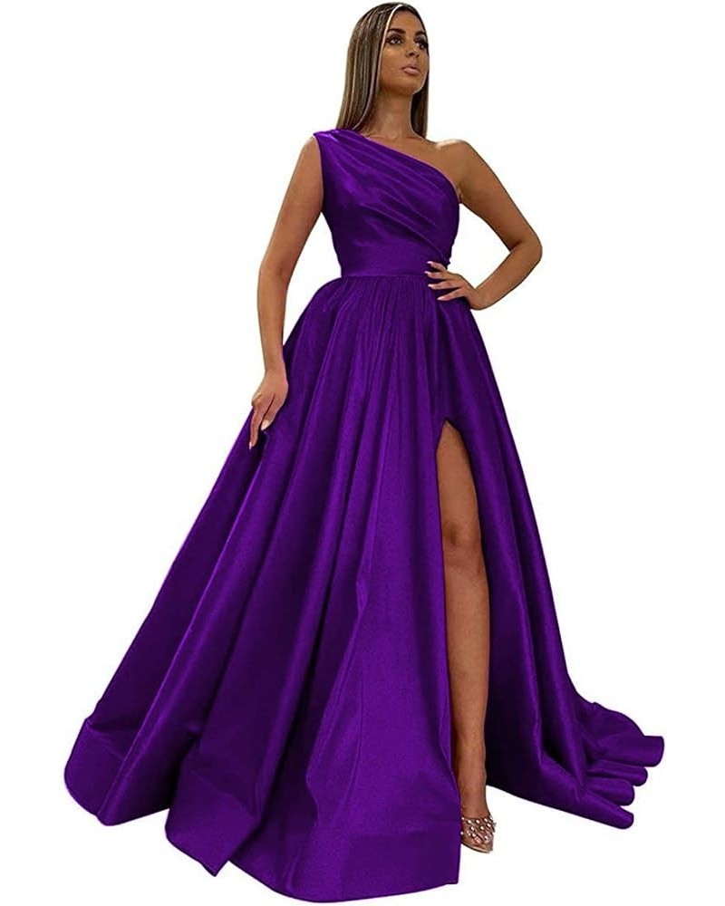 Women's One Shoulder Prom Dresses Long Satin Slit A Line Formal Evening Party Dress with Pockets Purple $43.34 Dresses