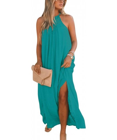 Sleeveless Long Dress for Women Boho Halter Maxi Dresses Casual Loose Sundress Split Cover Up Gown with Pockets Peacock $19.6...