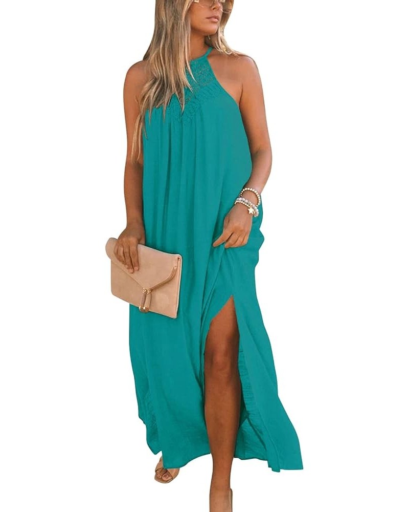 Sleeveless Long Dress for Women Boho Halter Maxi Dresses Casual Loose Sundress Split Cover Up Gown with Pockets Peacock $19.6...