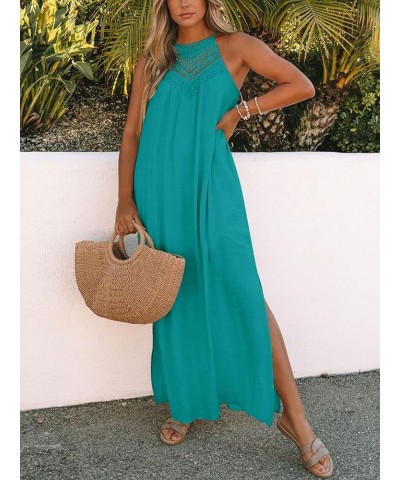 Sleeveless Long Dress for Women Boho Halter Maxi Dresses Casual Loose Sundress Split Cover Up Gown with Pockets Peacock $19.6...