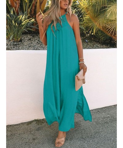 Sleeveless Long Dress for Women Boho Halter Maxi Dresses Casual Loose Sundress Split Cover Up Gown with Pockets Peacock $19.6...