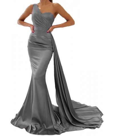 One Shoulder Prom Dresses for Women Long Mermaid Satin Bridesmaid Dresses Formal Evening Gowns with Train Grey $27.29 Dresses