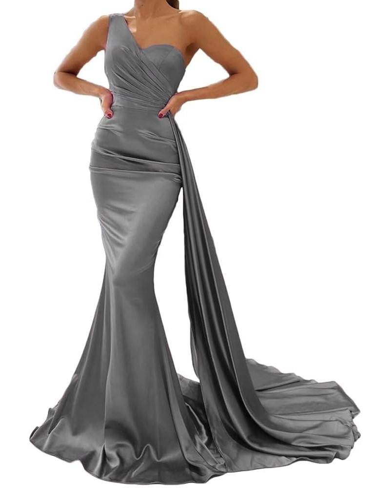 One Shoulder Prom Dresses for Women Long Mermaid Satin Bridesmaid Dresses Formal Evening Gowns with Train Grey $27.29 Dresses