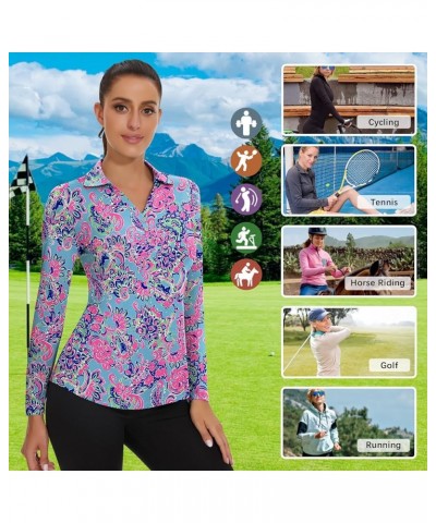 Women Long Sleeve Golf Polo Shirts Sun Protection Athletic Tennis Top Quick Dry Collared V Neck Workout Sport Top Blue Printe...