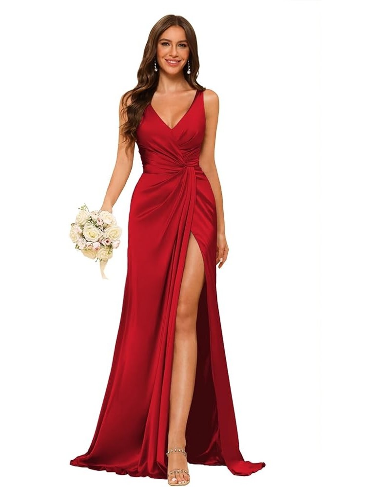 Women's V Neck Bridesmaid Dresses with Slit Ruched Waist Satin Pleated Formal Party Dress YMS277 Dark Red $30.59 Dresses