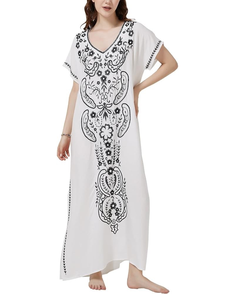 Women's Cotton Kaftan Loungewear Boho Homewear Oversized Kimono Maxi Beach Dress Cover Ups Robes B White $12.74 Swimsuits