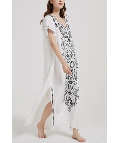 Women's Cotton Kaftan Loungewear Boho Homewear Oversized Kimono Maxi Beach Dress Cover Ups Robes B White $12.74 Swimsuits