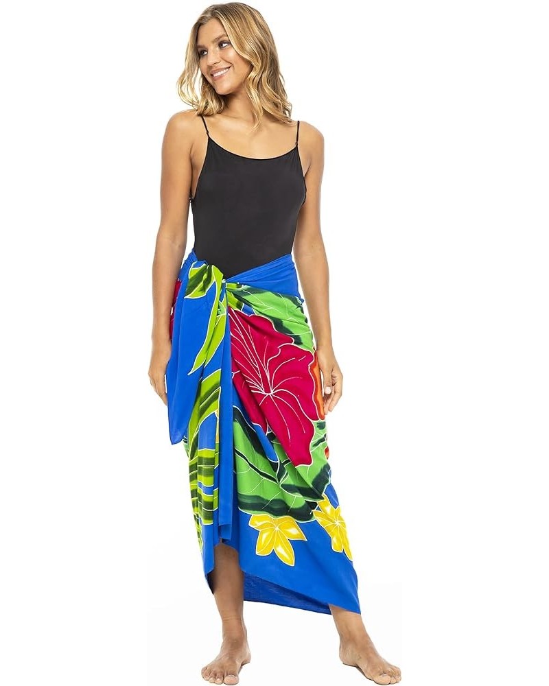 Womens Sarong Coverup Hand Painted Flower Swimsuit Wrap Skirt Beach Pareo with Coconut Clip Hibiscus Blue $14.94 Swimsuits