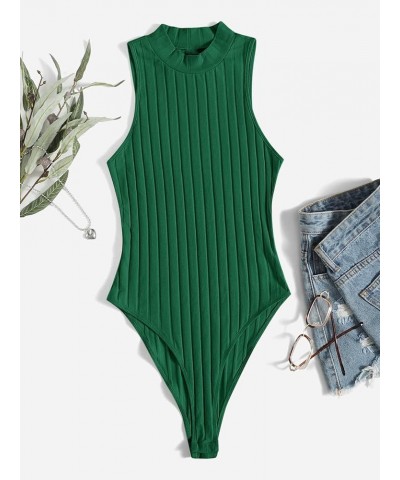 Women Sleeveless High Cut Ribbed Knit Mock Neck Basic Solid Bodysuits Tops Dark Green $14.24 Bodysuits