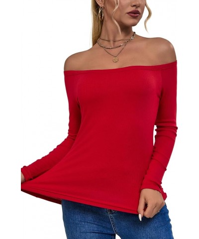 Off Shoulder Tops for Women Ribbed Long Sleeve T Shirts Basic Trendy Stretchy Lightweight Underscrub Tops Red $10.81 T-Shirts