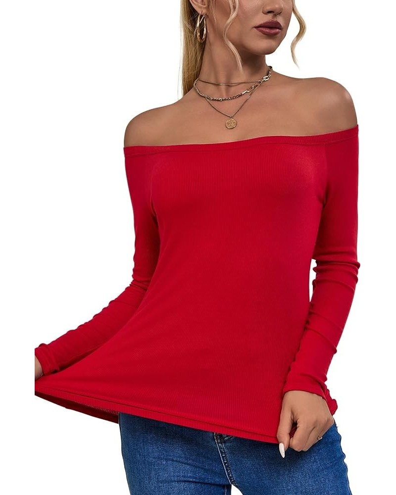 Off Shoulder Tops for Women Ribbed Long Sleeve T Shirts Basic Trendy Stretchy Lightweight Underscrub Tops Red $10.81 T-Shirts