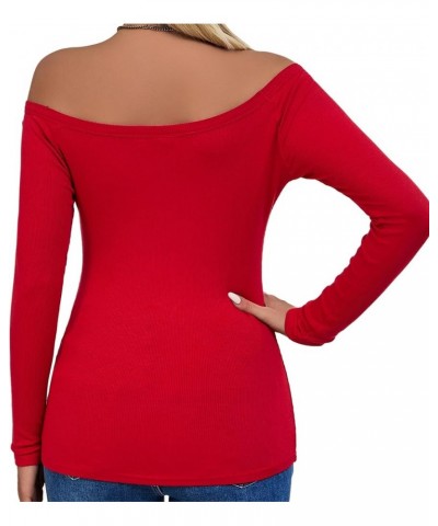 Off Shoulder Tops for Women Ribbed Long Sleeve T Shirts Basic Trendy Stretchy Lightweight Underscrub Tops Red $10.81 T-Shirts