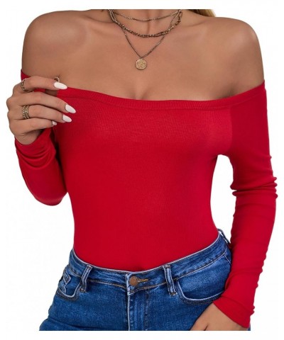 Off Shoulder Tops for Women Ribbed Long Sleeve T Shirts Basic Trendy Stretchy Lightweight Underscrub Tops Red $10.81 T-Shirts