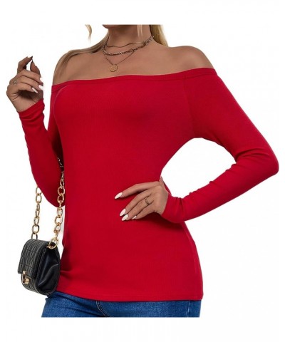 Off Shoulder Tops for Women Ribbed Long Sleeve T Shirts Basic Trendy Stretchy Lightweight Underscrub Tops Red $10.81 T-Shirts