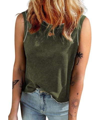 Womens Tank Tops 2024 Summer Basic Cerwneck Loose Fit Shirts Waffle Knit Sleeveless Blouses Tops Green $10.19 Tanks