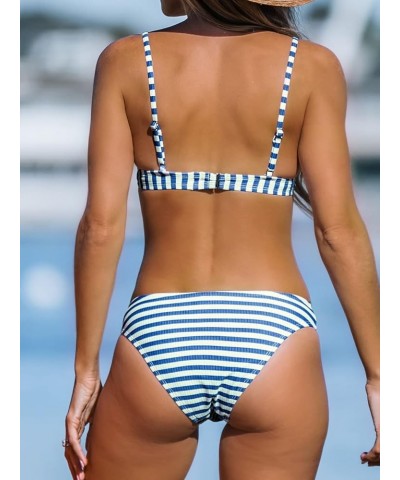 Women's Two Piece Swimsuit Bikini Set Triangle Cups V Neck Mid Rise Cheeky Bottom Blue Stripe $12.76 Swimsuits