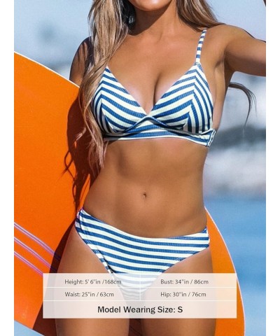 Women's Two Piece Swimsuit Bikini Set Triangle Cups V Neck Mid Rise Cheeky Bottom Blue Stripe $12.76 Swimsuits