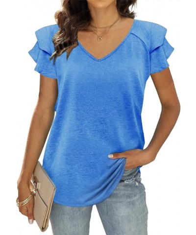 Womens Summer Tops Ruffle Short Sleeve Tunic Tops V Neck Loose Fit Flowy T-Shirts Blue $15.94 Tops