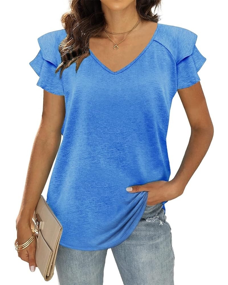 Womens Summer Tops Ruffle Short Sleeve Tunic Tops V Neck Loose Fit Flowy T-Shirts Blue $15.94 Tops