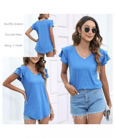 Womens Summer Tops Ruffle Short Sleeve Tunic Tops V Neck Loose Fit Flowy T-Shirts Blue $15.94 Tops