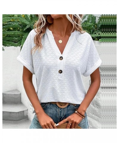 Women's Summer Tops Fashion Elegant V Neck Lace Button Down Shirt Casual Short Sleeve Solid Basic Work Blouses Dressy 05 Whit...