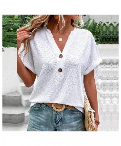 Women's Summer Tops Fashion Elegant V Neck Lace Button Down Shirt Casual Short Sleeve Solid Basic Work Blouses Dressy 05 Whit...