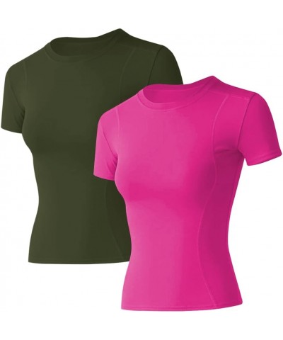 Women Workout Shirts 1/2/3 Pack Athletic Compression Tee Dry Fit Yoga Gym Basic Tops A1_2 Pack_army Green&hot Pink_short Slee...