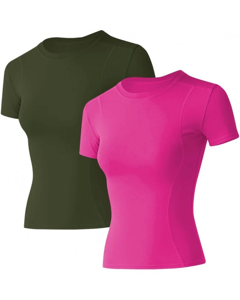 Women Workout Shirts 1/2/3 Pack Athletic Compression Tee Dry Fit Yoga Gym Basic Tops A1_2 Pack_army Green&hot Pink_short Slee...