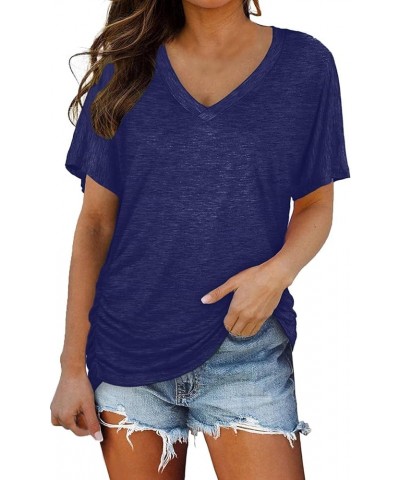 Ladies Solid Color Casual V-Neck Short Sleeve Top Dealb-navy $6.88 T-Shirts