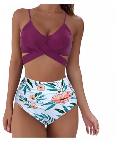 Women's Bikini Two Piece Swimsuit Front Cross Back Lace Up Adjustable Bathing Suit Purple Top Flower Bottom $14.19 Swimsuits