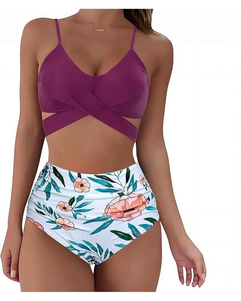 Women's Bikini Two Piece Swimsuit Front Cross Back Lace Up Adjustable Bathing Suit Purple Top Flower Bottom $14.19 Swimsuits