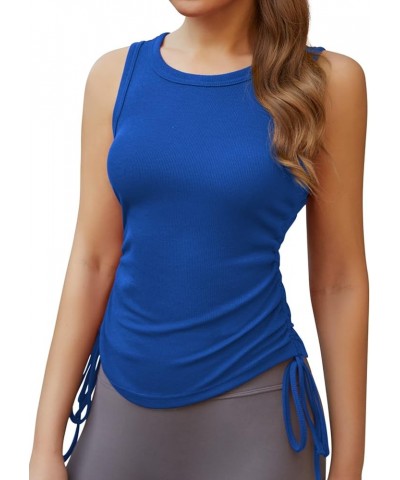 Women's Sleeveless Tank Top Ribbed Drawstring Side Scoop Neck Basic Shirt 06true Blue $9.50 Tanks