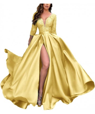 Deep V-Neck Prom Dresses Satin 3/4 Sleeves Evening Party Gowns with Pockets for Women Dark Gold $40.85 Dresses