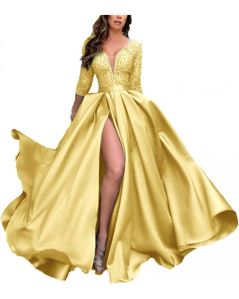 Deep V-Neck Prom Dresses Satin 3/4 Sleeves Evening Party Gowns with Pockets for Women Dark Gold $40.85 Dresses