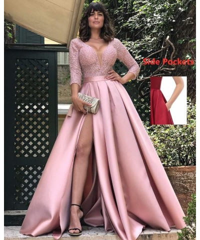 Deep V-Neck Prom Dresses Satin 3/4 Sleeves Evening Party Gowns with Pockets for Women Dark Gold $40.85 Dresses