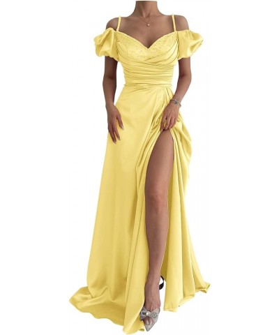 Gorgeous Spaghetti Straps Pleated Slit Prom Dresses with Beads Long 2024 Satin Formal Evening Gowns Yellow $44.51 Dresses