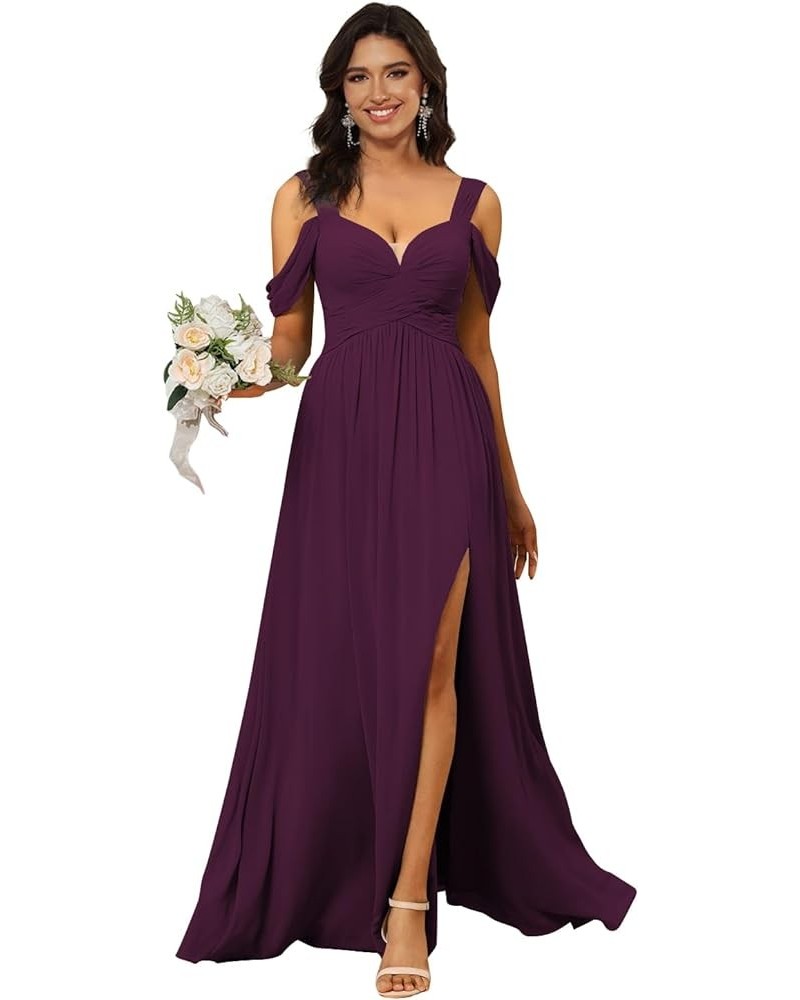 Off The Shoulder Bridesmaid Dresses with Pockets Ruched Chiffon Slit Formal Evening Party Gown for Women AG095 Pium $30.24 Dr...