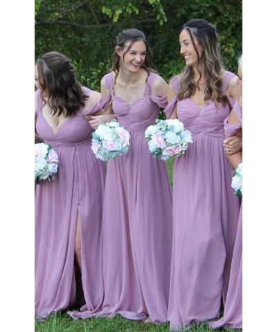 Off The Shoulder Bridesmaid Dresses with Pockets Ruched Chiffon Slit Formal Evening Party Gown for Women AG095 Pium $30.24 Dr...