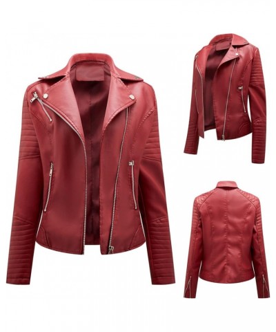 Leather Jacket Womens Fashion Leather Jackets Long Sleeve Zipper Bomber Tops Fitted Autumn Winter Coats for Teen Girl Wine $1...