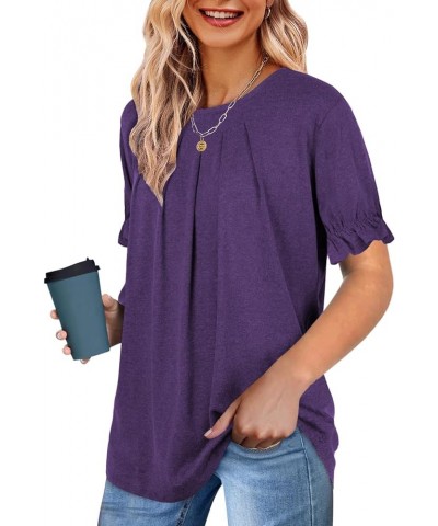 Womens Tops Dressy Casual Summer Shirts Crew Neck Pleated Ruffle Sleeve Tops for Women 02-purple $13.34 T-Shirts