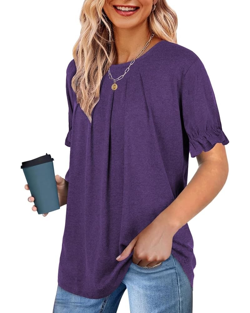 Womens Tops Dressy Casual Summer Shirts Crew Neck Pleated Ruffle Sleeve Tops for Women 02-purple $13.34 T-Shirts