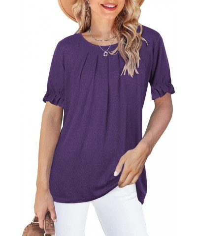 Womens Tops Dressy Casual Summer Shirts Crew Neck Pleated Ruffle Sleeve Tops for Women 02-purple $13.34 T-Shirts