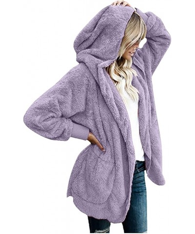 Sherpa Jacket Women Oversized Solid Fuzzy Teddy Winter Warm Coat Cardigan Hooded Long Sleeve Furry Outwear Purple 6 $7.55 Coats