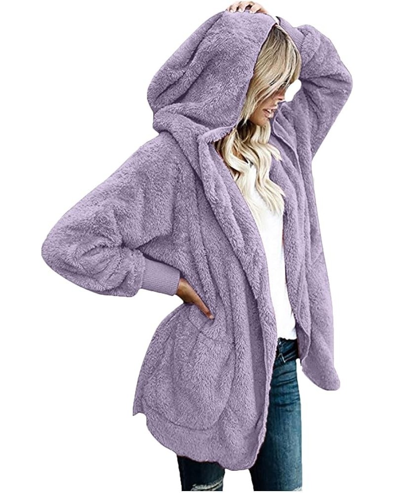 Sherpa Jacket Women Oversized Solid Fuzzy Teddy Winter Warm Coat Cardigan Hooded Long Sleeve Furry Outwear Purple 6 $7.55 Coats