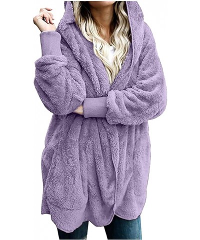 Sherpa Jacket Women Oversized Solid Fuzzy Teddy Winter Warm Coat Cardigan Hooded Long Sleeve Furry Outwear Purple 6 $7.55 Coats